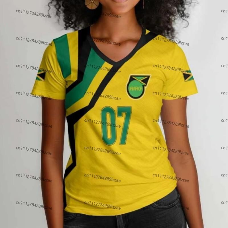 Women s Jamaica Inspired Flag Color V Neck Soccer Fan Shirt Yellow Green Black Short Sleeve Stadium Match Day Casual Tee Top 4XL