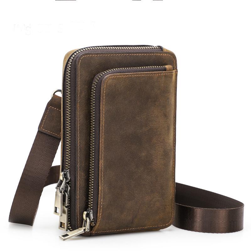 Black Angel Retro Men s Crazy Horse Leather Crossbody Phone Bag коричневый