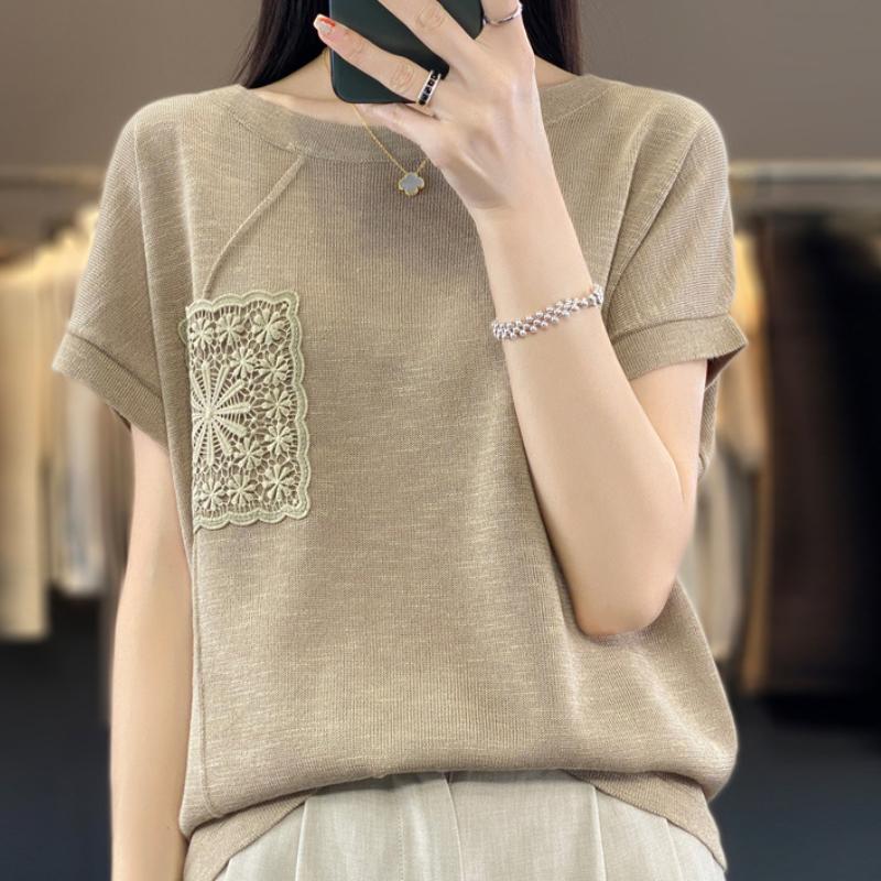 

Бамбуковый узел Хлопковый свитер с круглым вырезом, карманом с крючком, короткими рукавами, женский, модный, универсальный, трендовый топ, удобная базовая рубашка XXL