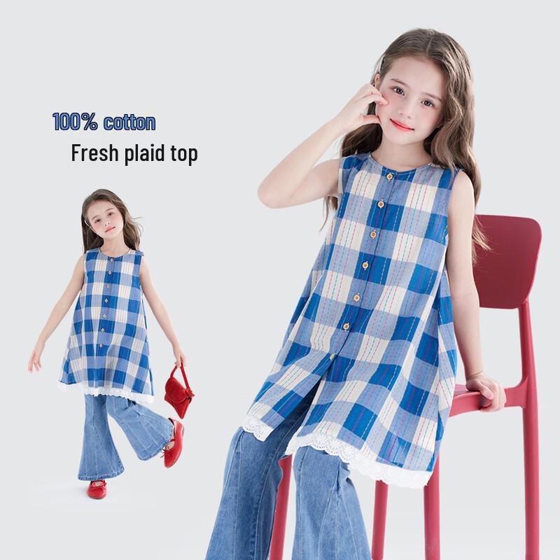 Girls  Pure Cotton Plaid Sleeveless Shirt Dress 130
