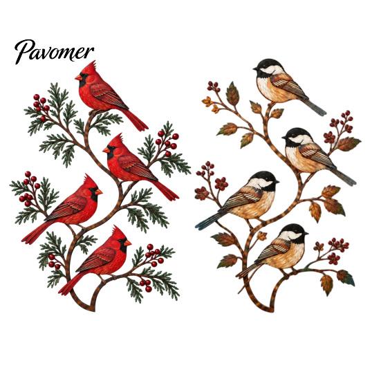 Weather Resistant Metal Decor Bird Wall Decor, Red & Chickadee Sculpture with Branches and Decorative Accents for Balcony Berries, 2D Iron Art Hanging