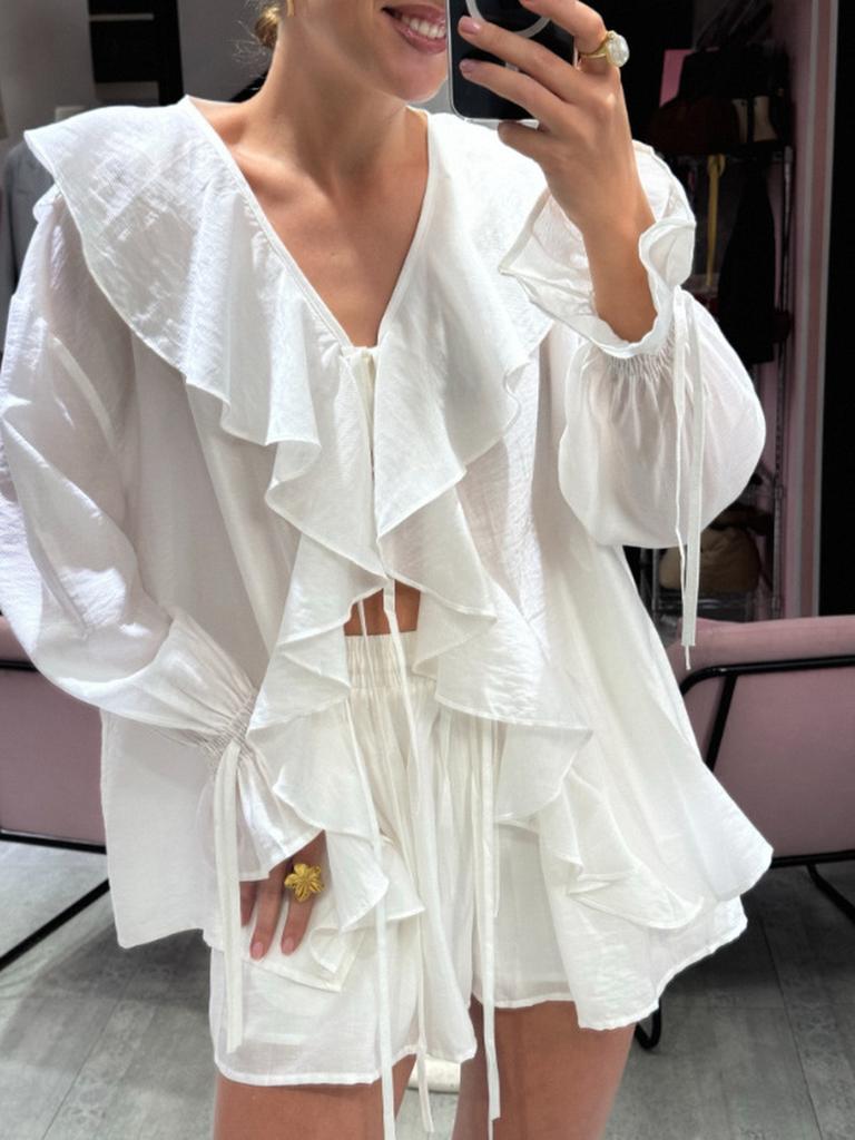 Spring Autumn French Sweet Loose Ruffles Lace Collar Two Piece Set Women's Outfit