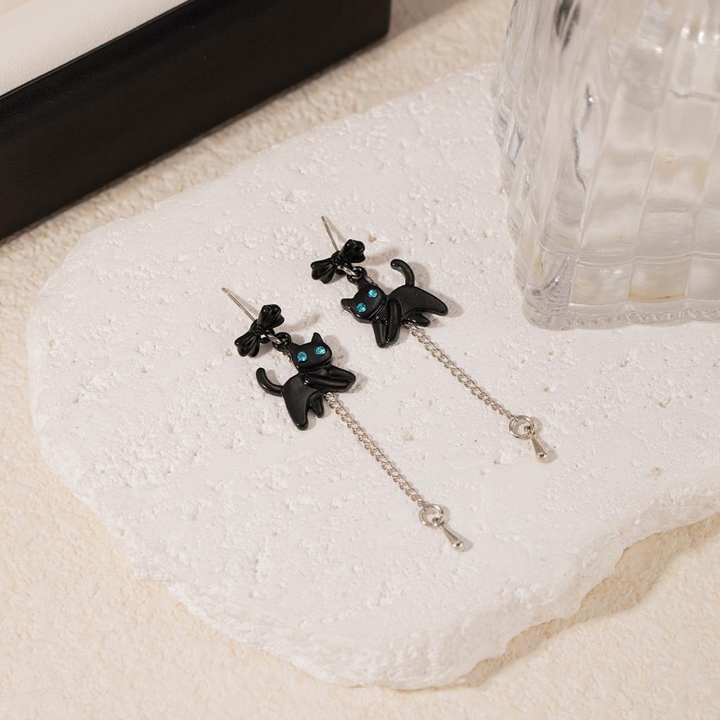 Kreativní kreslené černé kočičí náušnice Dlouhé náušnice zdobené diamanty pro roztomilou dívku Designová niche Zábavné dětské náušnice