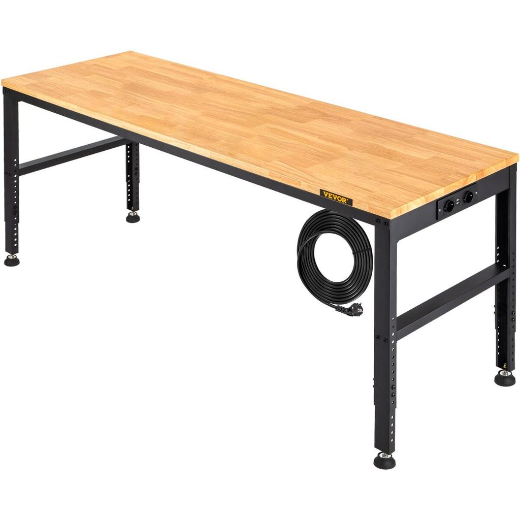 Workbench Adjustable Height, 183 x 64 cm Garage Table w/ 72 – 97 cm Heights & 900KG Load Capacity, with Power Outlets & Hardwood Top & Metal Frame &
