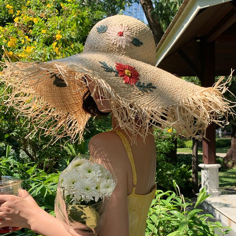 Raffia Straw Floppy Hat With Flower Details Handmade Sun Protection For Summer Beach And Garden