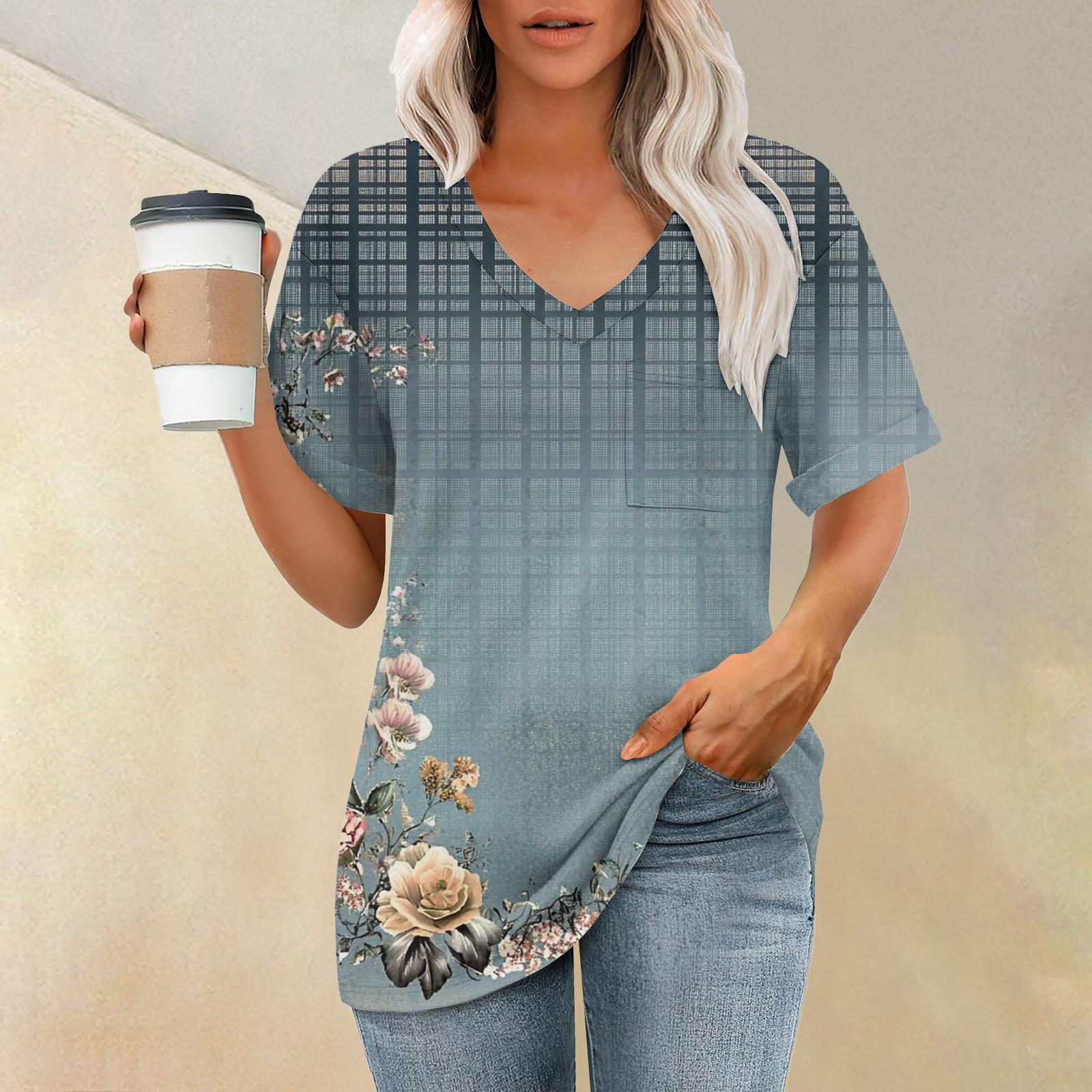 

Женская модная футболка с коротким рукавом и V-образным вырезом с карманом и цветочным принтом L