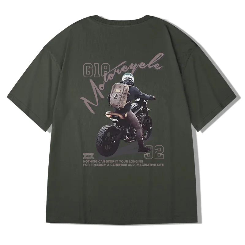 Motorcycle Boy T-Shirt Men Vintage 100% Cotton Short Sleeve Tops Tees 2023 American Hip Hop High Street Oversized T-Shirt 8XL