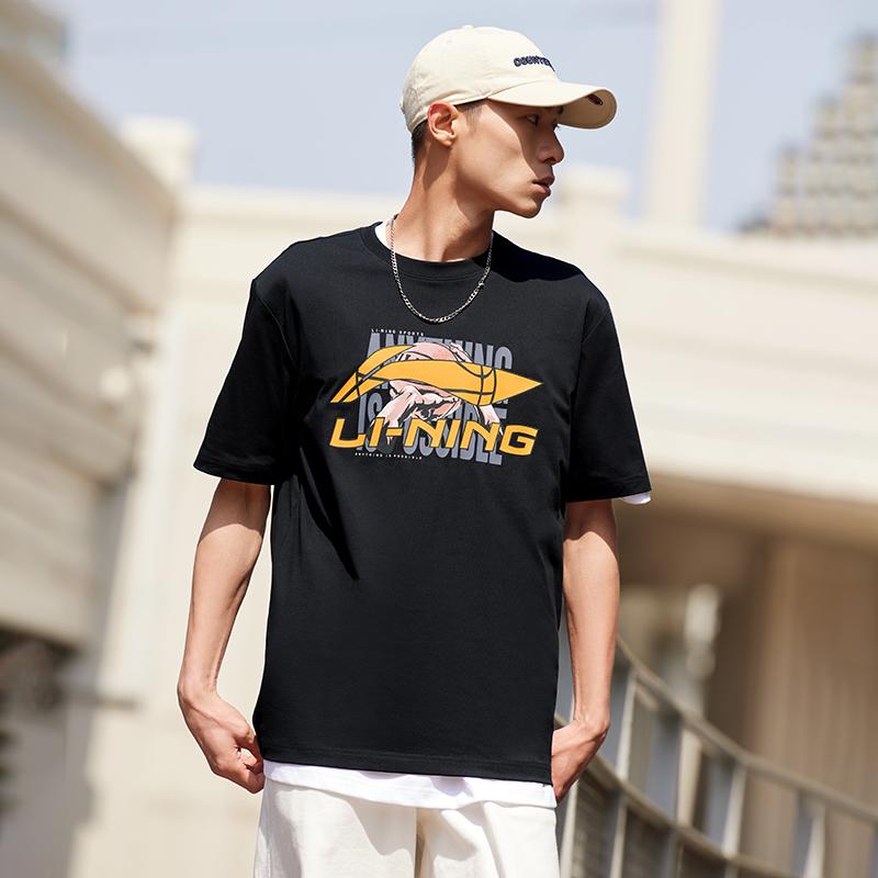 Li-Ning Logo Printed Round Neck Drop Shoulder Loose Comfortable Pullover Short Sleeve T-Shirt Men T-Shirts Black AHSU795-1