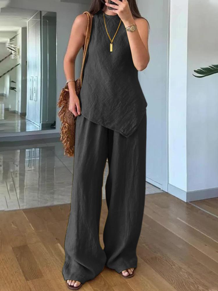Ensemble Top Sans Manches et Pantalon Large pour Femme en 6 Couleurs