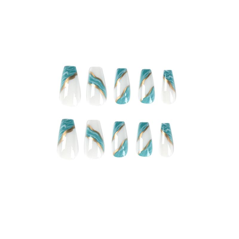 24Pcs/Set Quick Nails Green Smudged Gold Thread False Nials Sticker Wearable Waterproof Manicure Finished Nails