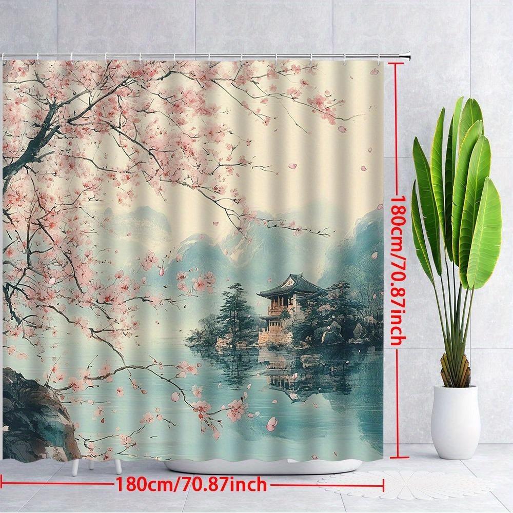 Cherry Blossom Pagoda Shower Curtain, Asian Design, Polyester, 12 Hooks, Machine Washable, Bathroom Decor