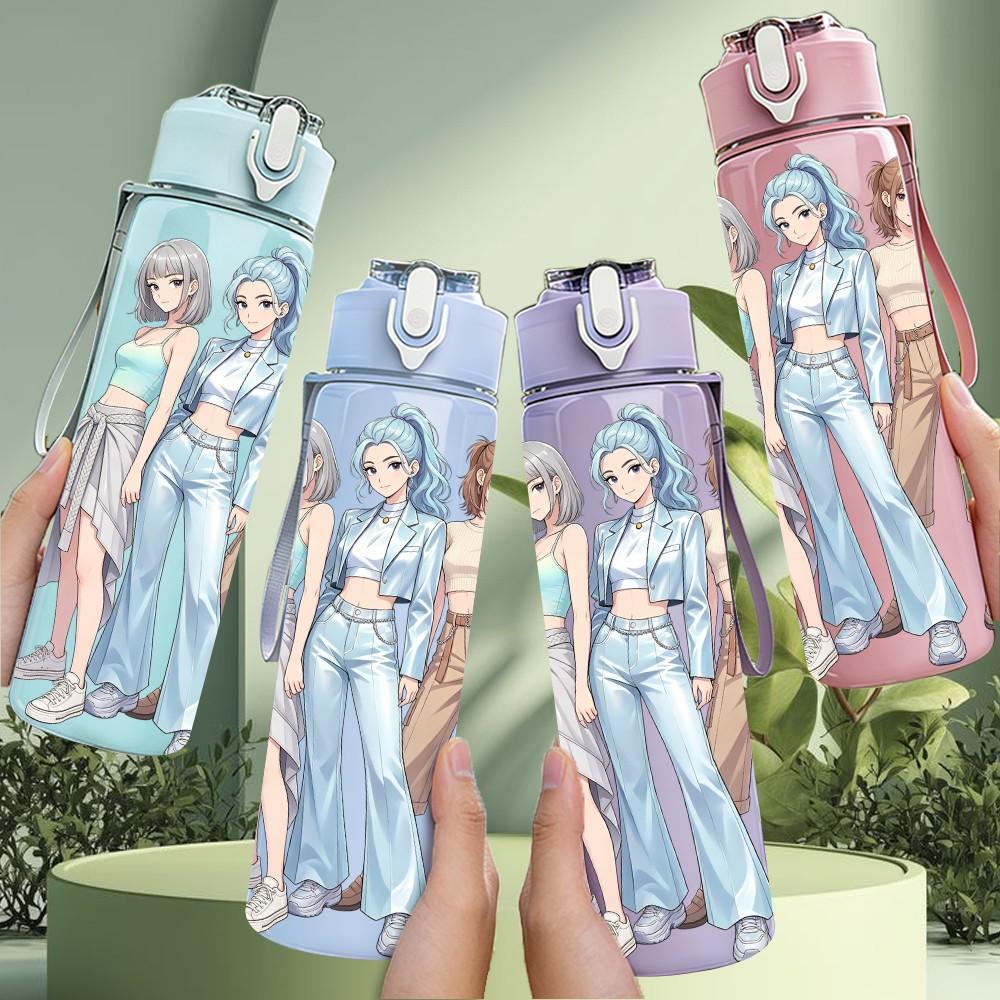 1PC Two Ladies Light Denim Outfit 750ml Color Plastic Sports Water Bottle Leakproof Flip Straw Lid Suitable for Sports Office Home Use
