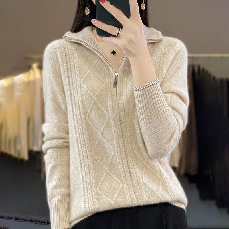 Women's Polo Collar Sweater  Autumn Winter Thick Woolen SweaterSolid Color Pullover Wool Knitwear