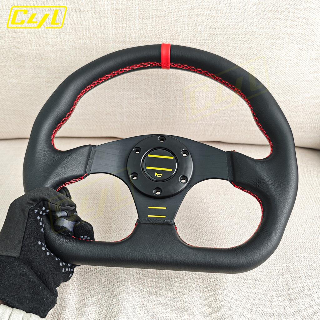 JDM D Shape Red Stitching Leather Steering Wheel Flat Dish Racing Sports Gaming Steering Wheel