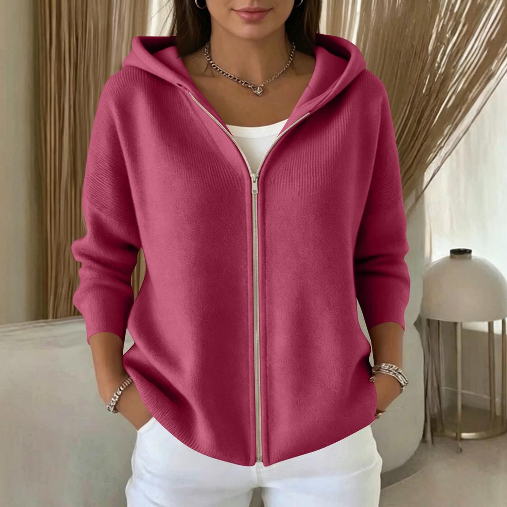 Women's Color Long Sleeve Hooded Zip Up Cardigan Sweater for Casual Daily Wear