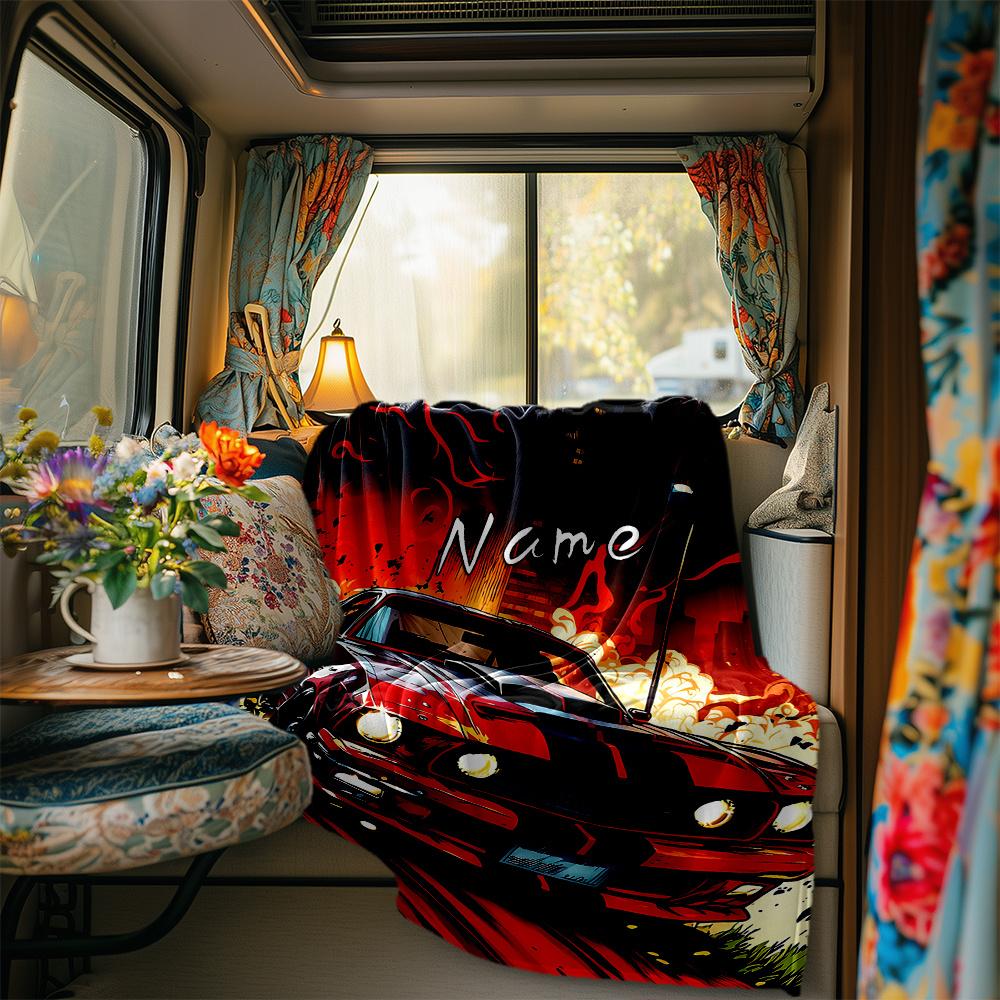 Red Muscle Car With Flames And Smoke Blanket Personalized Name Soft Comfortable Stylish Blanket Car Blanket Perfect For Travel Camping Outdoor Home