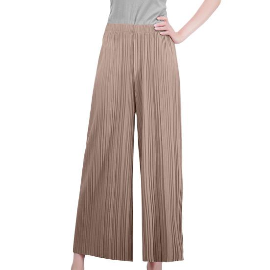

High-Waist Elastic Waistband Pleated Women Pantskirt Full Length Loose Wide Leg Pants хаки