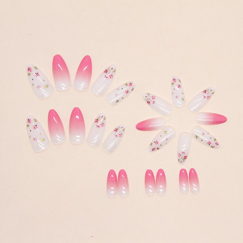 24pcs Flower Almond Nail Pink Tender Gradient Floral Nail Art, Spring Romantic Fake Nail Product, Medium Long Wearing Nail