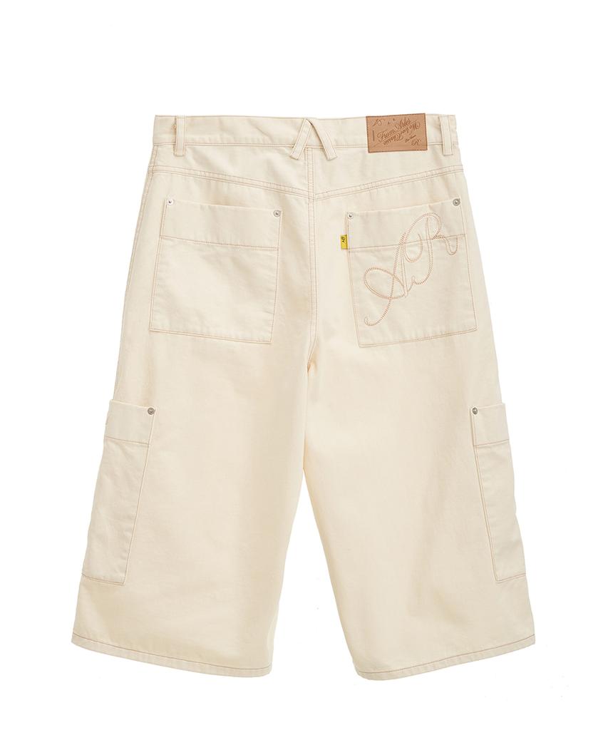 Peulomaleul Utility Pocket Vintage 3/4 Length Washed Denim Pants / Ivory