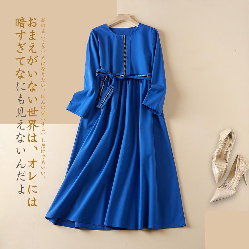 

Этническое вышитое хлопково-льняное платье для женщин, новая осенняя коллекция 2025 года, ретро, облегающее, с длинным рукавом, круглым вырезом, шнуровкой, длинное платье 2XL синий