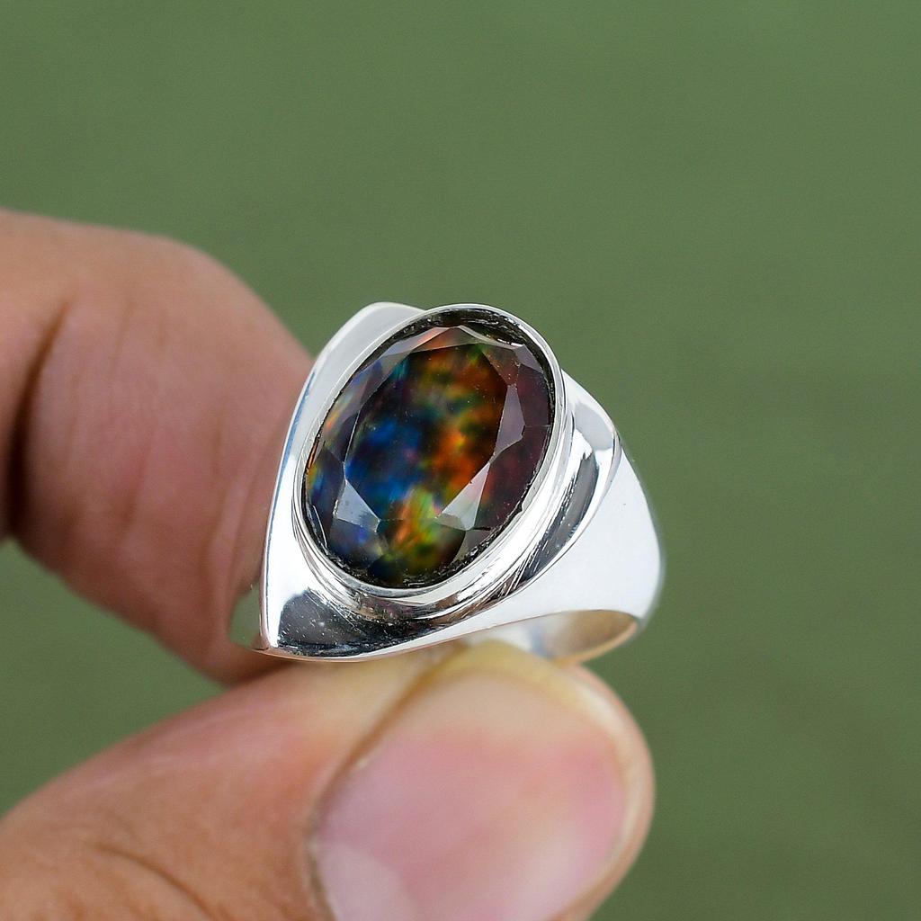 Faceted Ammolite Ring 925 Sterling Silver Ring Unique Design Jewelry Real Gemstone Ring Handmade Jewelry Gift For Dad Available In Ring Size