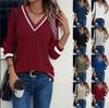 2025 Frühling/Herbst Lässiges Damen Oberteil mit V-Ausschnitt, Patchwork, Langarm