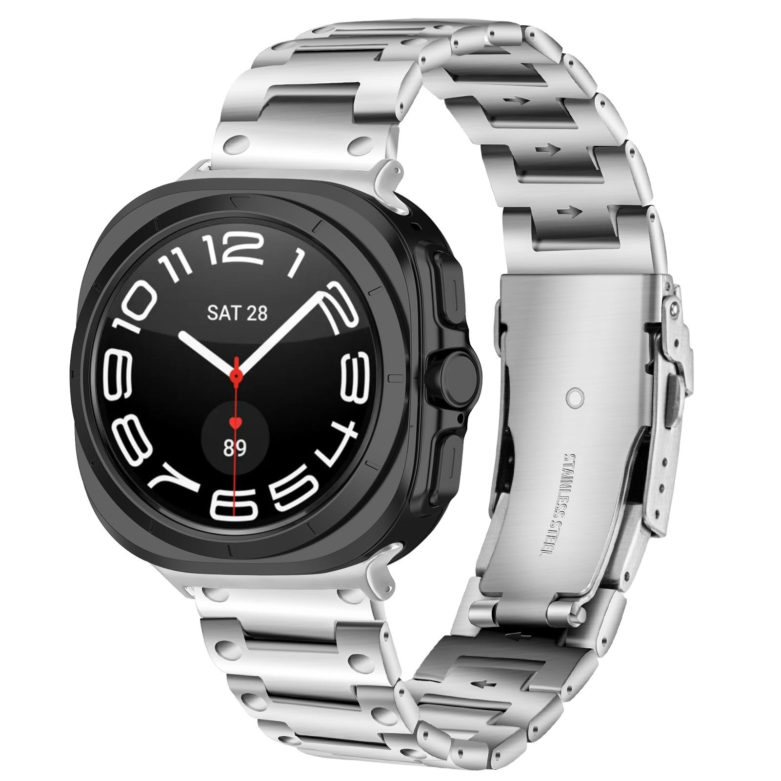 

For Samsung Galaxy Watch Ultra 47mm Stainless Steel Watch Strap Buckle Design Wrist Band Silver