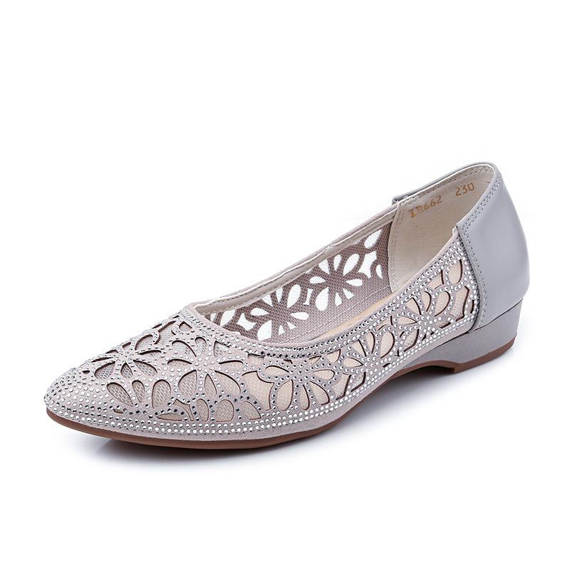 GKTINOO Spring Summer Hollow Genuine Leather Pumps Women Shoes Med Heels Square Heel Mesh Ladies Office Shoes Crystal