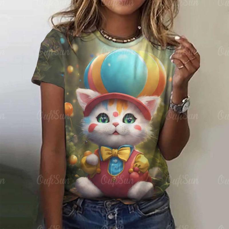 Damen Niedliches Katze Kurzarm T-Shirt Weihnachten Tiere Aufdruck Rundhals T-Shirt 2024 Mode Kleidung Sommer Lässig Oversize