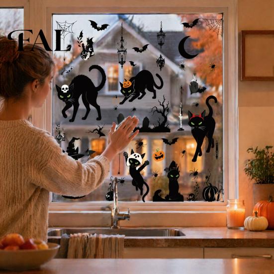Indoor Seasonal Glass Art 6 Sheets/Set Black Cat Window Stickers, Adhesive Free Static Clings, No Residue Holiday Decorations Halloween Bat