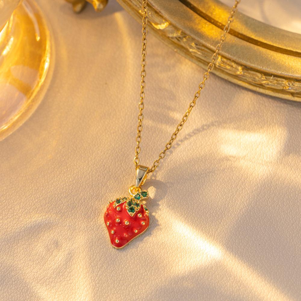 Women Girls Sweet Cute Strawberry Series Pendant Necklace Stainless Steel Chain Lovely Strawberry Fruit Jewelry Accessories Gift