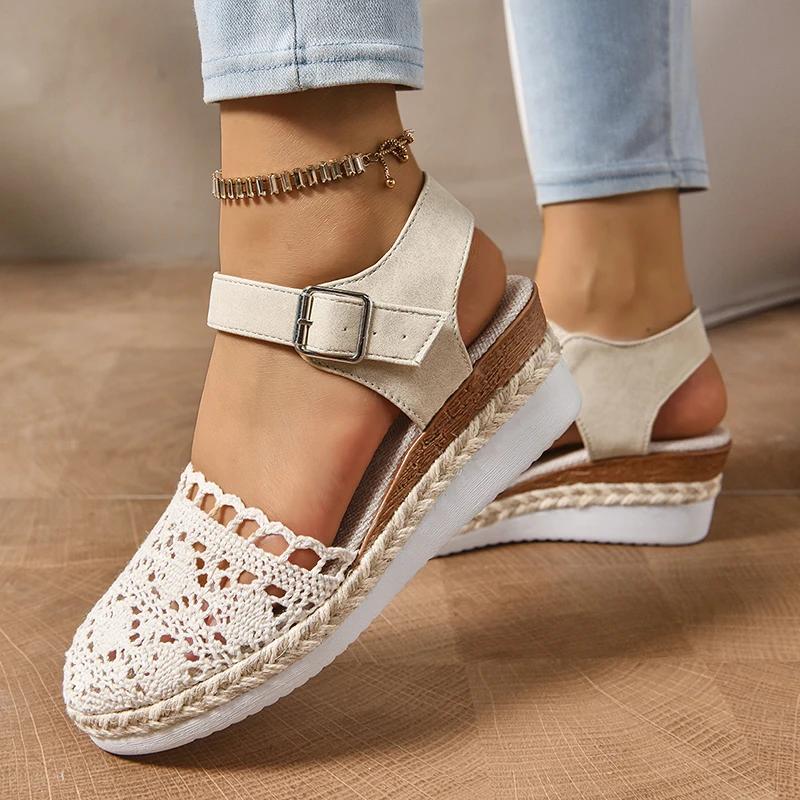Fashion Hollow Breathable Women's Wedge Sandals Summer 2025 Buckle Strap Platform Espadrille Shoes Woman Lightweight Closed Toe Sandals