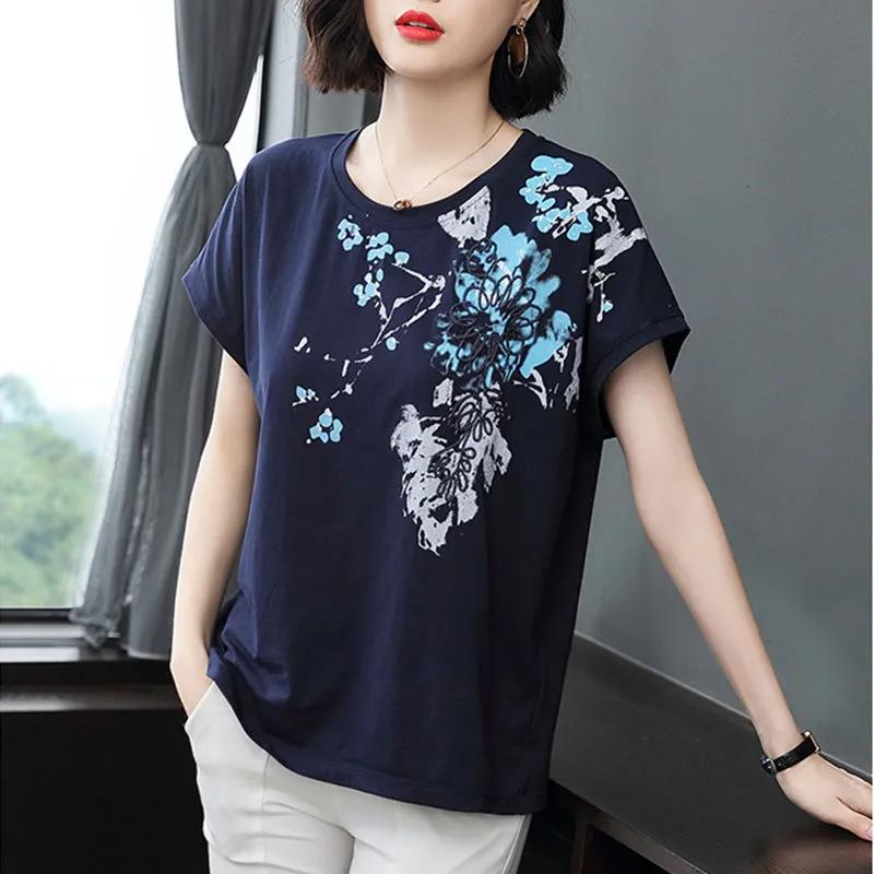 Women's Summer Floral Print Short-Sleeve T-Shirt Round Neck Loose Fit Plus Size Top