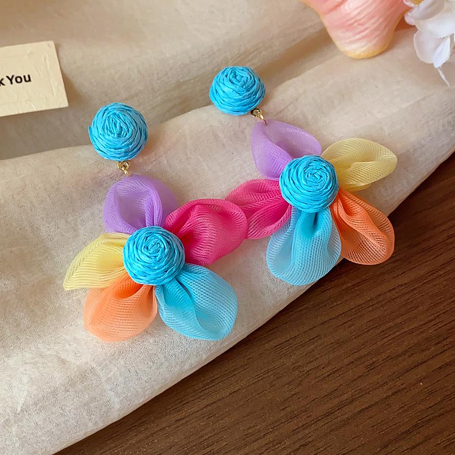 Silver Needle Raffia Chiffon Flower Stud Earrings - Sweet Vacation Style with a High-End Design Feel.