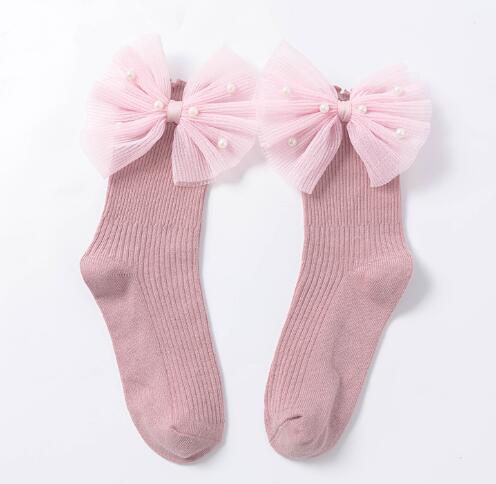 Girls Black Calf Socks Cute Bowknot Pearl Decor Combed Cotton Comfortable Toddler Baby Socks