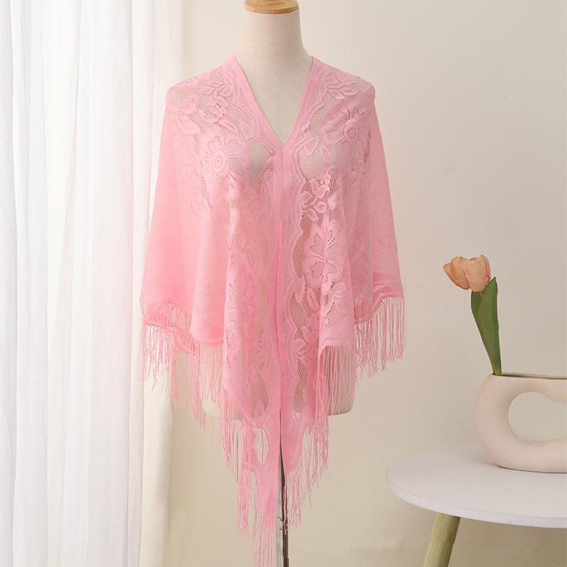 Summer Transparent Lace Flower Tassel Scarf Mesh Yarn Cheongsam Shawl Triangle Neck Scarves Neckerchief Head Scarf