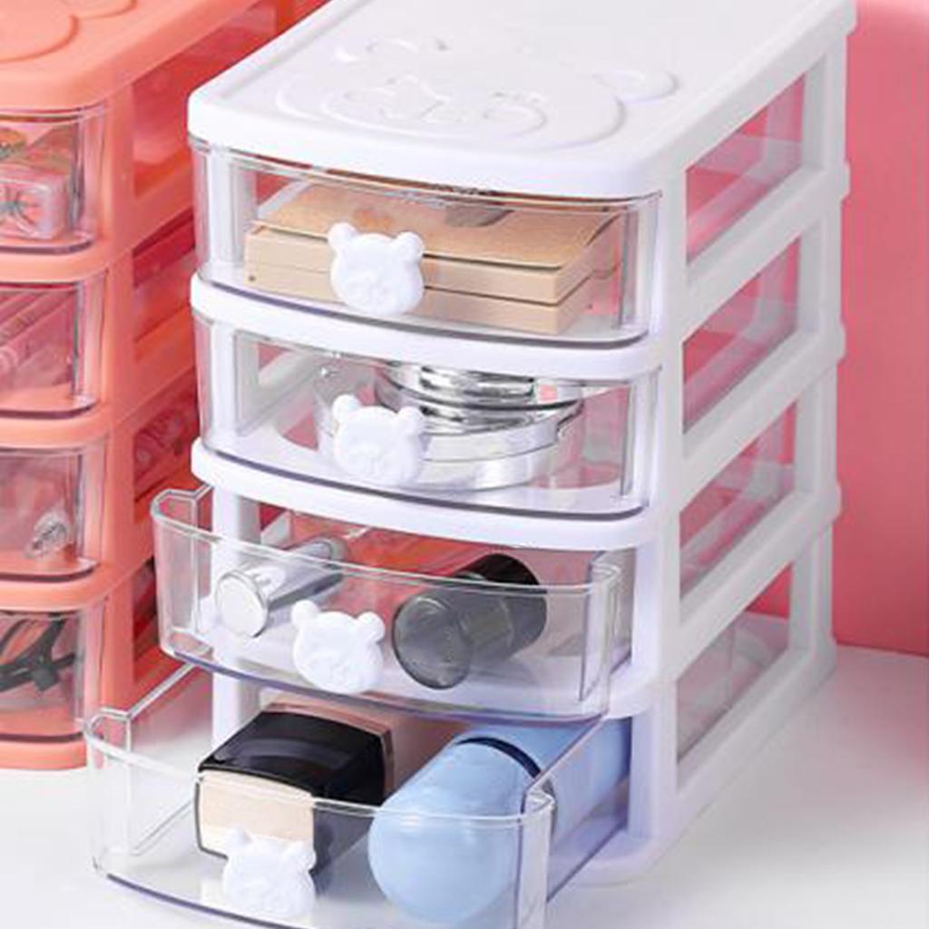 Drawer Organizer 4 Tier Cute Bear Handle Stackable Transparent Look Desktop Storage Box for