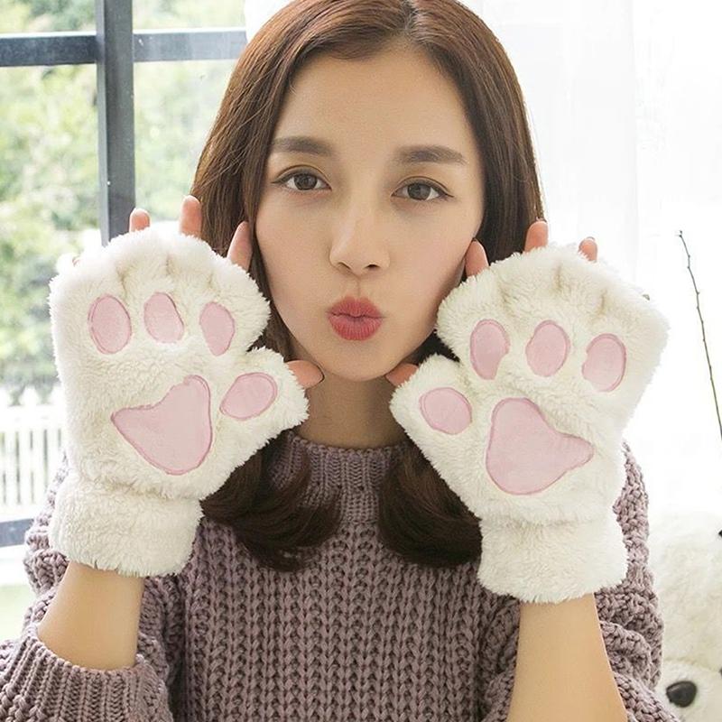 Cartoon Cute Cat Claw Gloves Women Plush Mittens Warm Soft Plush Short Fingerless Fluffy Gloves Winter Half Finger Gloves