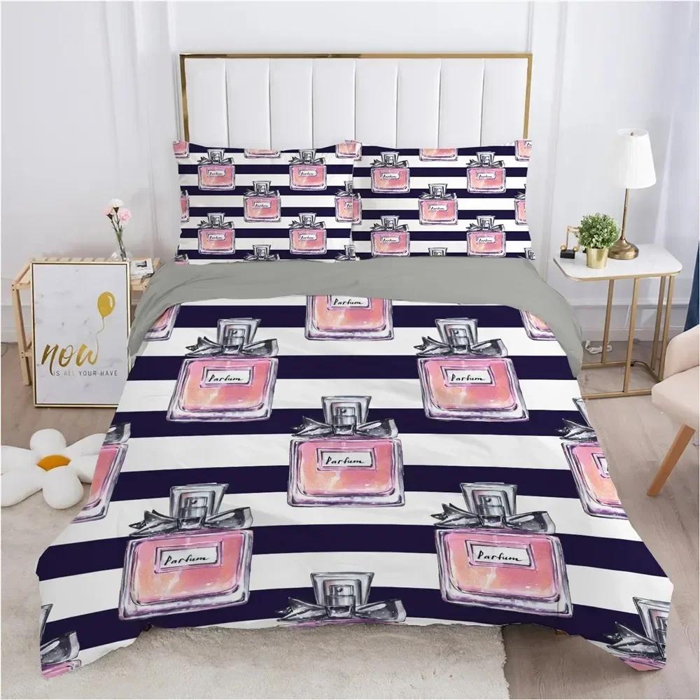 Perfume Floral Duvet Cover Set Pink Makeup Bedding Set With Pillowcase,Girls Women Romantic Fashion Gifts Comforter Cover Set