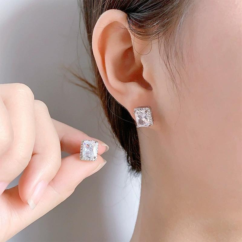 Delicate Women Stud Earrings Rectangle Shiny Cubic Zircon  Sterling Silver Earring for Party Present Female Fashion