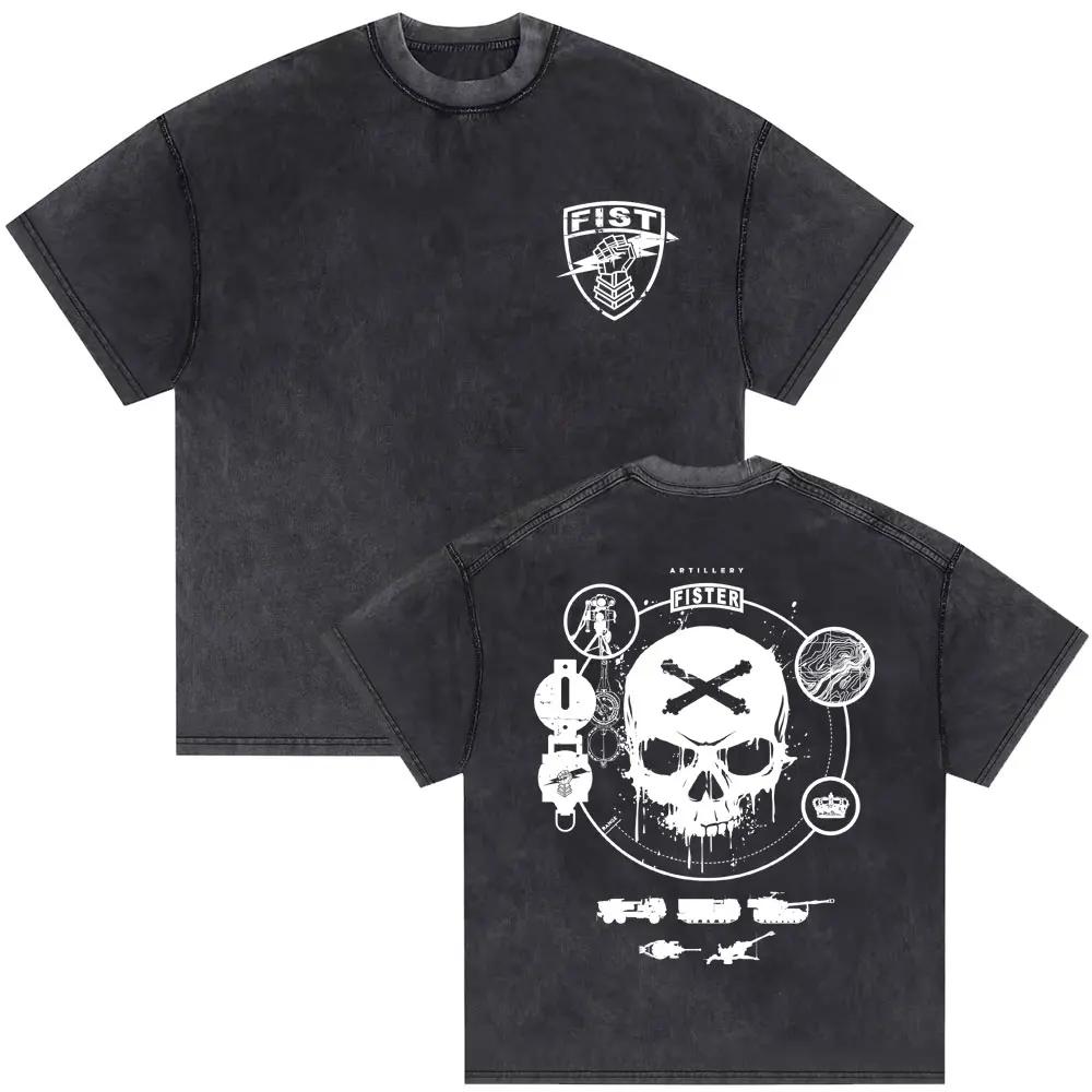 Retro water wash vintage T-shirt bone pattern T-shirt men's and women's Casual gothic punk style short-sleeve shirt