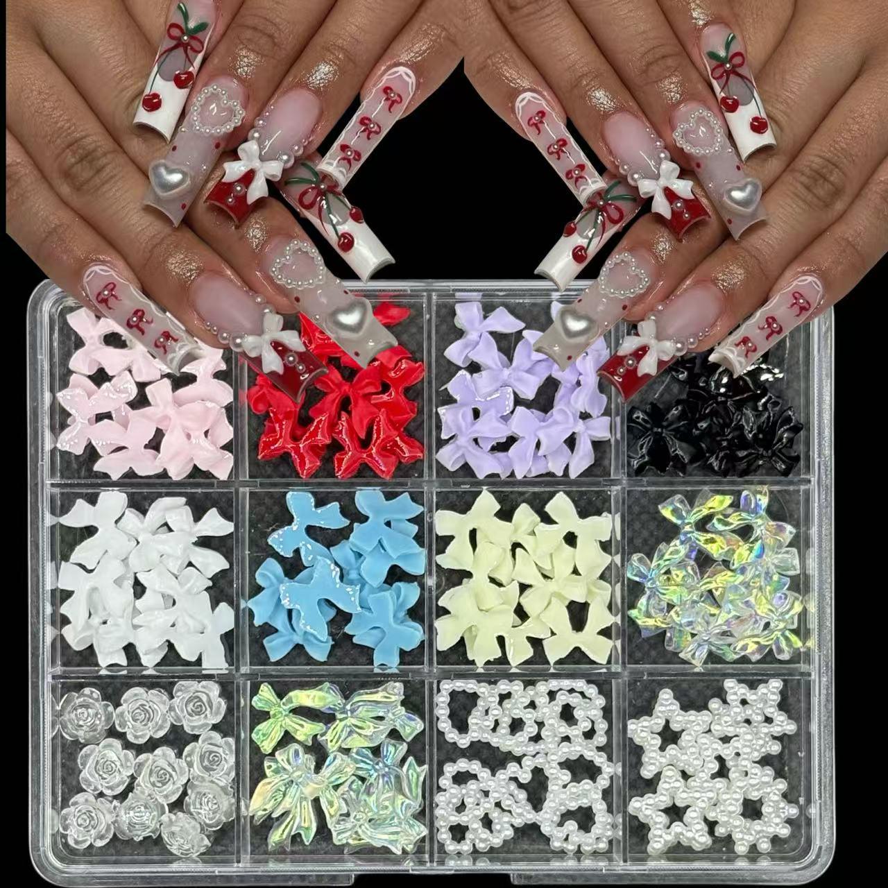 12-Grid Macaron Color Bow Nail Art Decorations: Mixed Styles French Bow Tie DIY Kit