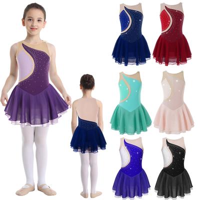Eiskunstlaufkleid für Mädchen, ärmellos, Netzstoff, Strass, glänzend, Eiskunstlaufkleid, Tanzbekleidung