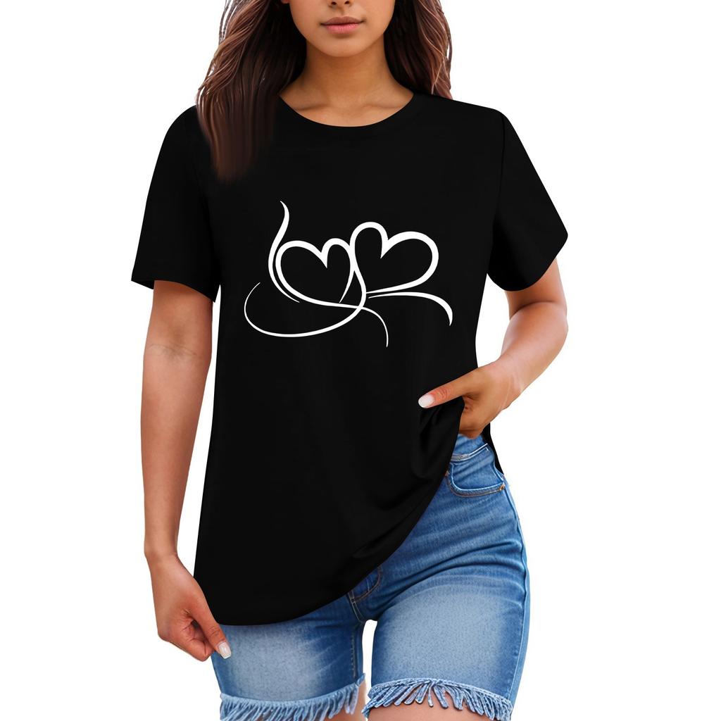 Ladies' Loose Comfortable Casual Fashionable  Heart Pattern Printed Round Neck Short Sleeved Shirt