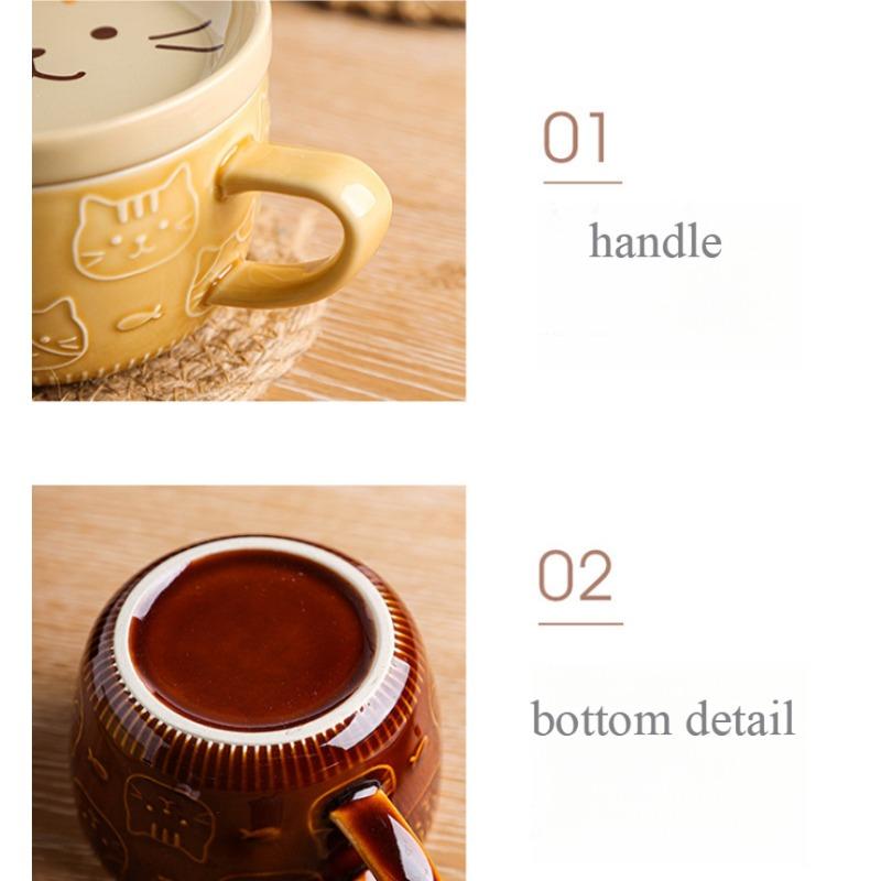 300ml Cute Ceramic Cat Coffee Mug with Lid,Kawaii Coffee Mugs or Tea Cups for Cat Lovers,Funny Novelty Cat Breakfast Mugs for Gift