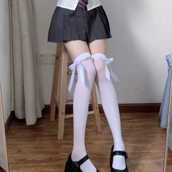 Girl Satin Lace Thigh High Socks Bow RibbonJKKnee High over--Knee Socks Japanese  Girl Calf