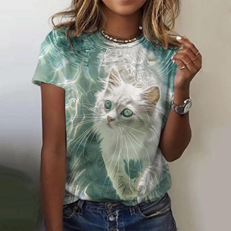 

2024 Летняя футболка с круглым вырезом и коротким рукавом, модный женский топ с 3D-принтом котенка XL