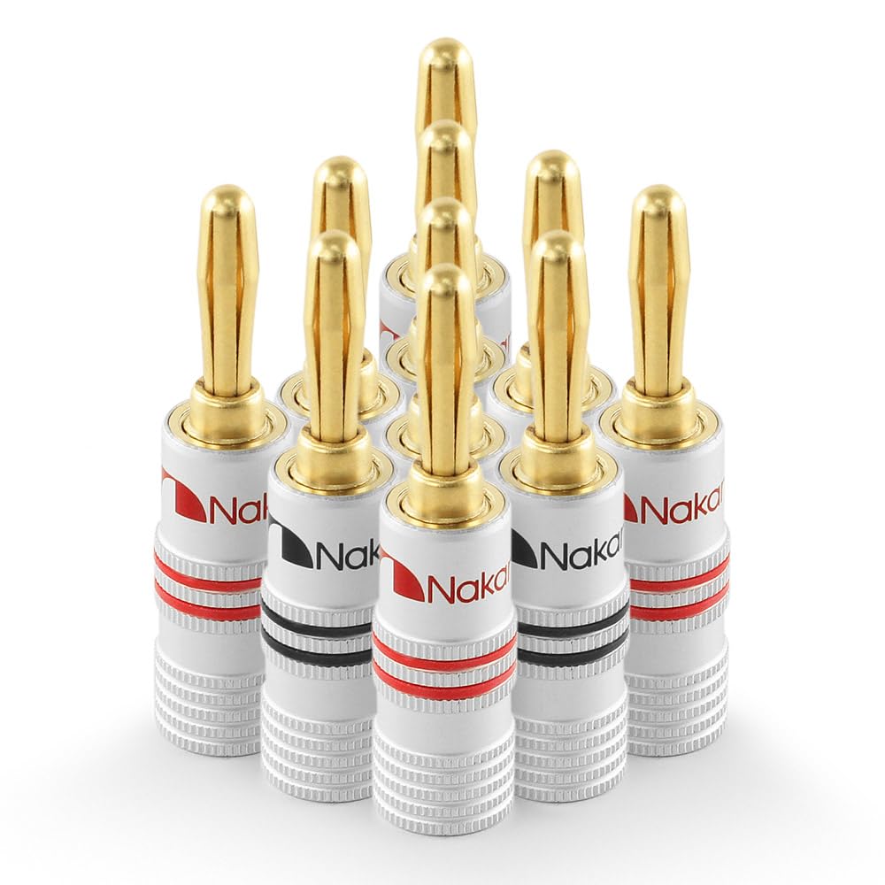 Nakamichi 24K Gold-Plated Banana Plugs, Speaker Cable Connectors, Aluminum Shell, 12-18 AWG, 4mm, 10 Pcs (5 Pairs)