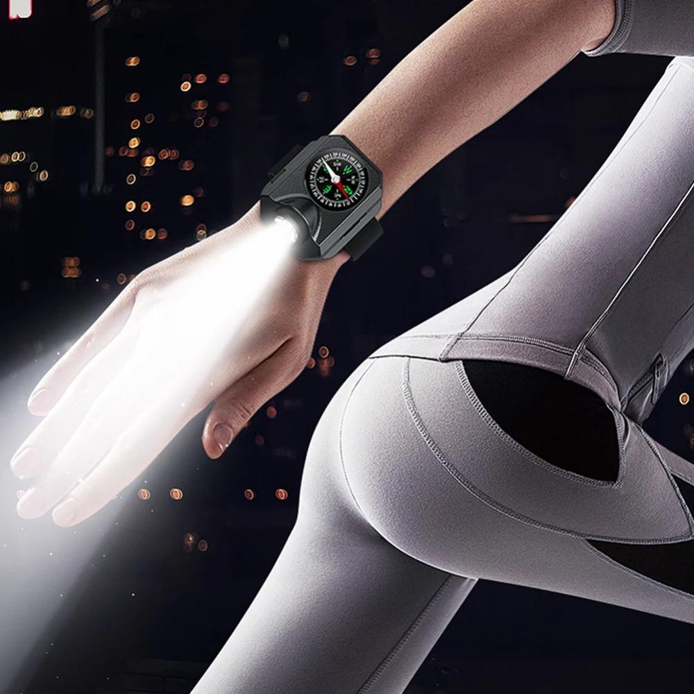 LED Portable Watch Light Flashlight Torch Wrist Light USB Rechargeable Emergency Light Outdoor 4 Modes For Sport With Compass