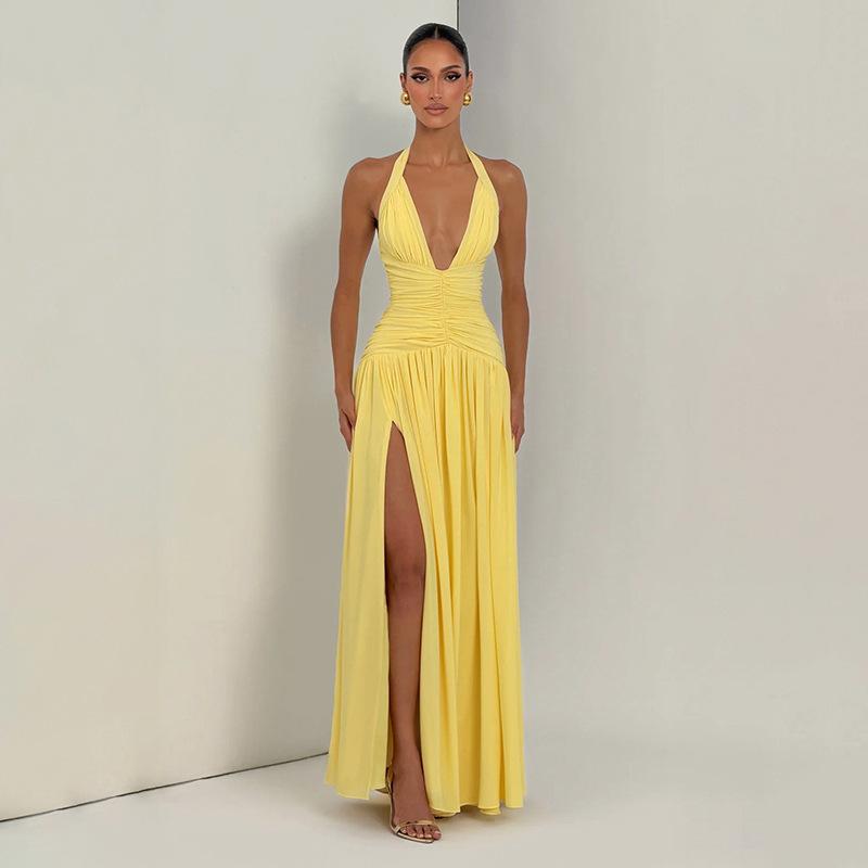 European and American women s clothing summer new solid color elegant sleeveless V-neck neck hanging pleated straps slit long dress S
